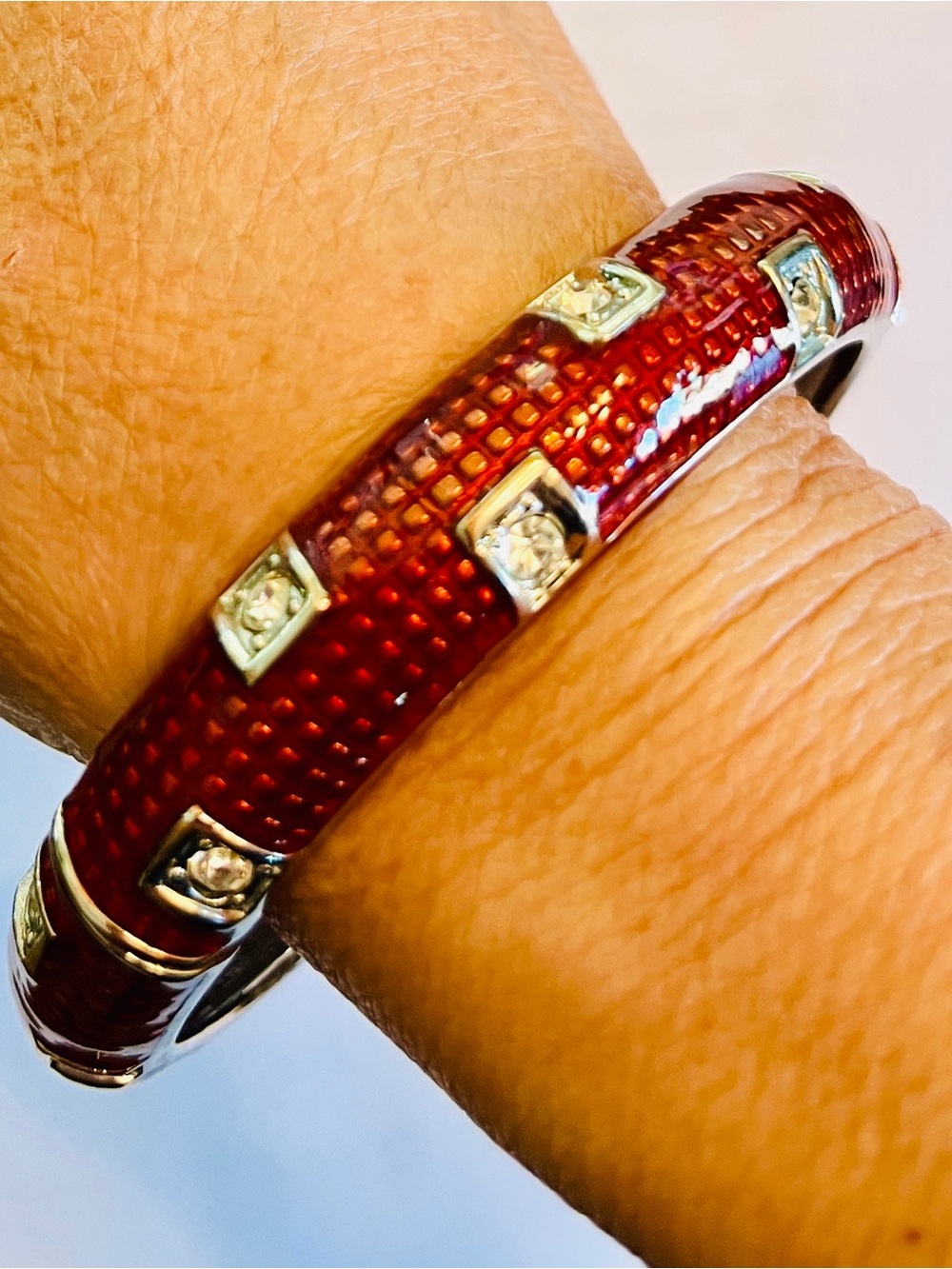 VINTAGE Red Enamel Bangle Bracelet with rhinestone Accents